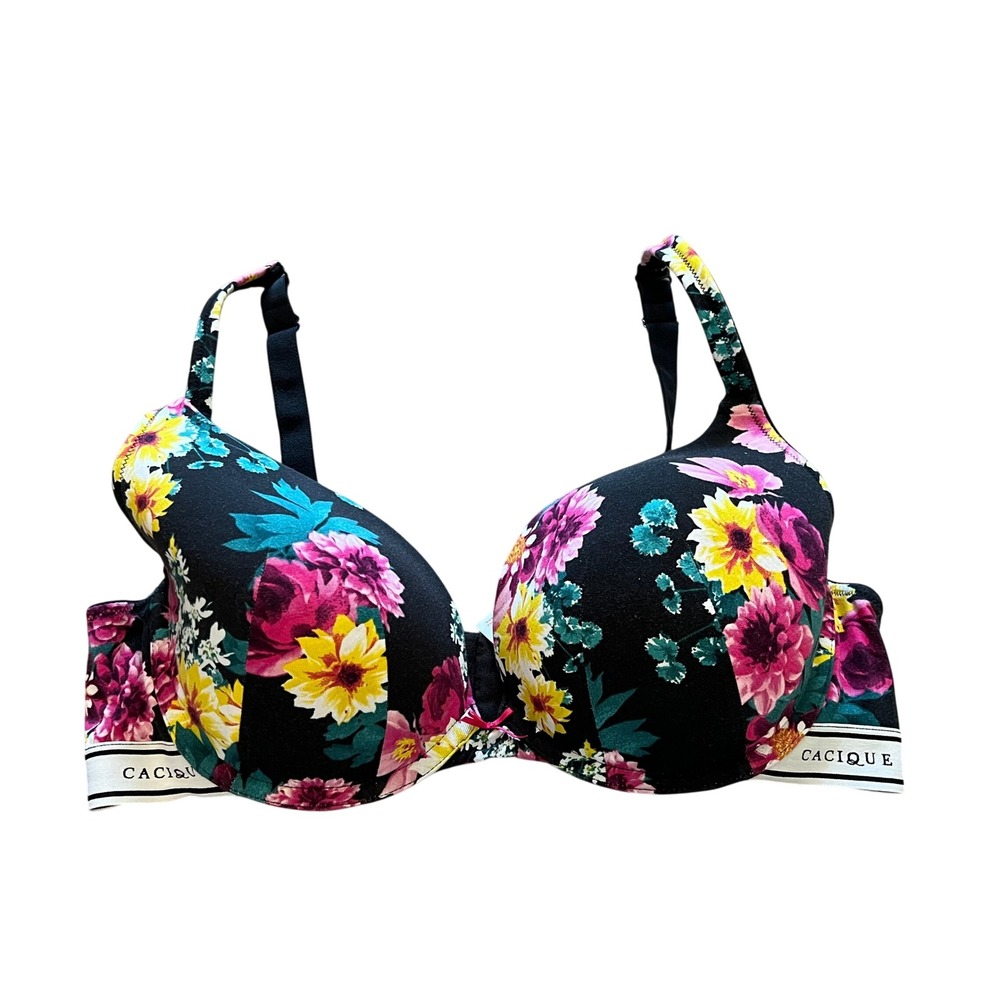 Cacique Boost Plunge Bra 38DD Black Floral Logo Band Underwire Padded 5505